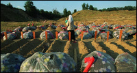 An Albanian widow brings her infant to visit his father's grave in the village of Krusa Mahde. Laid shoulder to shoulder, 80 bodies uncovered in a mass grave were reburied here. - All images copyright Lisa Nipp 2010
